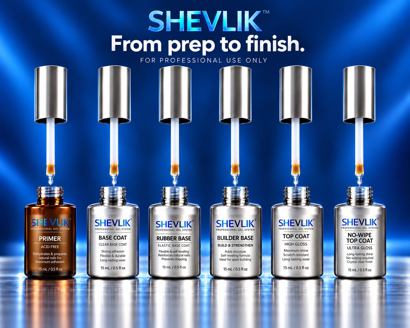 SHEVLIK. From prep to finish. For professional use only. Six open 15 mL bottles with lifted caps and brushes: Primer, Base Coat, Rubber Base, Builder Base, Top Coat and No-Wipe Top Coat.